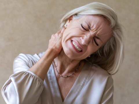 una mujer madura con dolor en la columna cervical. Ella est&aacute; sosteniendo su cuello con una mueca de dolor en su cara
