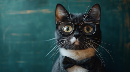 A cat in glasses on a blackboard background, created with Generative AI technology.