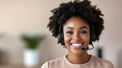 Smiling customer service agent wearing headset, providing assistance with friendly demeanor. Bright and welcoming atmosphere enhances experience