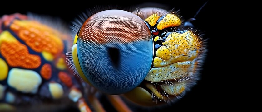 Extreme close-up of a dragonfly's eye and head.