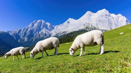 Fototapeta premium Three sheep grazing on lush grass with mountains in the background.