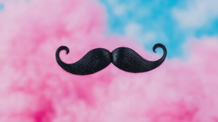 Curly Black Mustache Surrounded by Colorful Smoke in Artistic Background