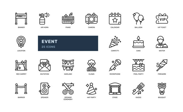 event stage entertainment party festive outline line icon set