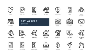 dating app love romance technology outline line icon set