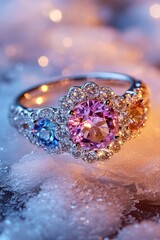 Fototapeta premium Colorful gemstone ring on snowy background.