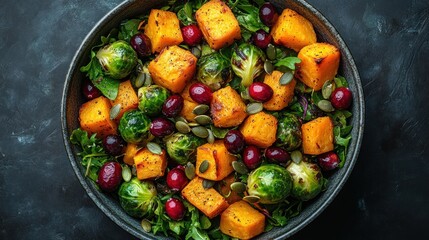 Colorful Autumn Salad with Brussels Sprouts and Cranberries in a Rustic Bowl