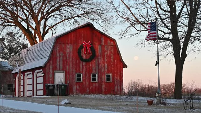 Full Moon behind Red Barn