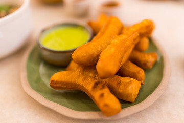 Deep fried Patongo with steamed pandan custard. The breakfast in Thailand