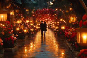 Couple walking through a romantic rose garden path at night, illuminated by lanterns.