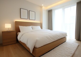 A modern bedroom featuring a large bed, minimalist decor, and natural light from large windows, creating a serene and inviting atmosphere.