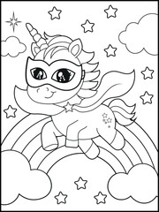 Superhero Unicorn Coloring Page for Kids. A Fun and Printable Black and White Activity Sheet for Kindergarten.
