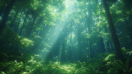 A serene forest scene with sunlight filtering through lush green trees, creating a tranquil atmosphere.