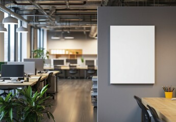 Minimalist Office Workspace with Blank Canvas on Grey Wall, Inspiring Creativity and Focus
