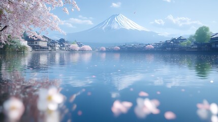 Fototapeta premium Serene Japanese Village Mount Fuji Cherry Blossoms