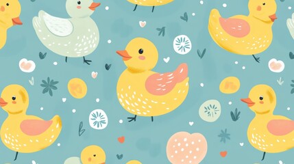 duck seamless pattern rubber duck shower bathroom toy bird chicken vector pet scarf isolated cartoon animal tile wallpaper repeat background illustration doodle design