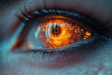 Glowing digital data reflected in a woman's eye.