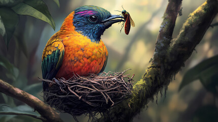 A vibrant bird with a nest and insect, showcasing nature's feeding behavior. Shadowsong. Illustration