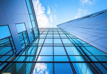 Obraz premium Stunning Modern Glass Building Reaching Towards the Blue Sky Beneath Fluffy Clouds 