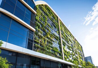 Modern Green Building Facade Covered in Lush Plants Under Clear Blue Sky
