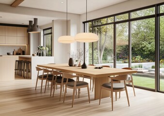 Fototapeta premium Modern Dining Room with Natural Light and Minimalist Decor, Inviting Family Gatherings 