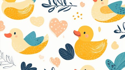 duck seamless pattern rubber duck shower bathroom toy bird chicken vector pet scarf isolated cartoon animal tile wallpaper repeat background illustration doodle design