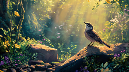 Create a vibrant morning scene with a mockingbird in a lush natural setting for nature lovers and birdwatching enthusiasts. Shadowsong. Illustration