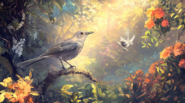 Create a vibrant morning scene with a mockingbird in a lush natural setting for nature lovers and birdwatching enthusiasts. Shadowsong. Illustration