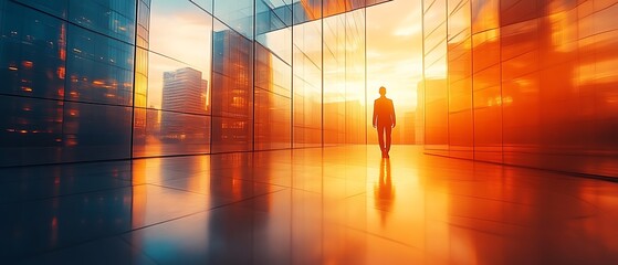Silhouetted person walking in modern glass building at sunset.