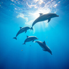 A playful pod of dolphins leaping and spinning through crystal-clear turquoise waters, with sunlight filtering through the waves and a school of colorful fish swimming nearby."