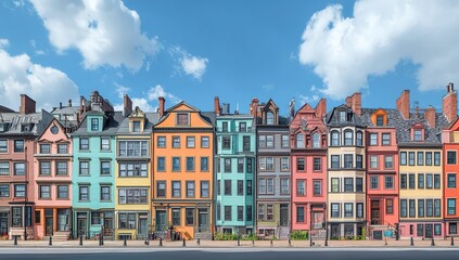 Fototapeta premium Vibrant Colorful Row Houses Line Sunny Street, Architectural Gems in Cityscape, Charming Neighborhood, Picturesque Street View