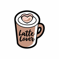 Sticker design of A latte cup with lipstick stains and a latte art heart in the foam