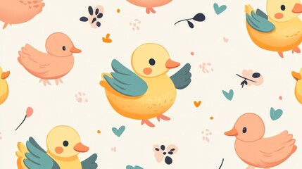 Obraz premium duck seamless pattern rubber duck shower bathroom toy bird chicken vector pet scarf isolated cartoon animal tile wallpaper repeat background illustration doodle design