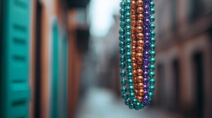 Colorful Mardi Gras Beads Hanging in the Street During Festive Celebration