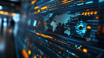 Global network data visualization on a digital screen.