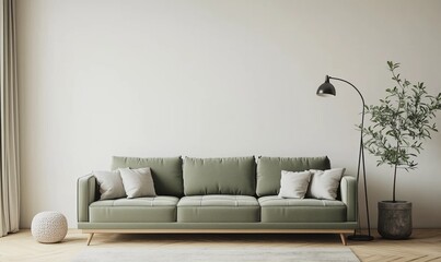 Stylish Green Sofa with Decorative Pillows in a Bright Minimalist Living Room
