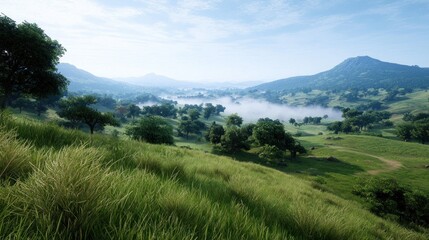 Fototapeta premium Serene landscape with rolling hills and misty valleys.