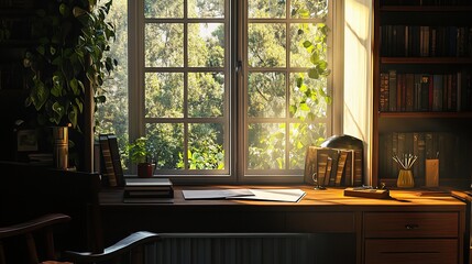 Beautiful Panoramic View of a Home Office Desk with Natural Light