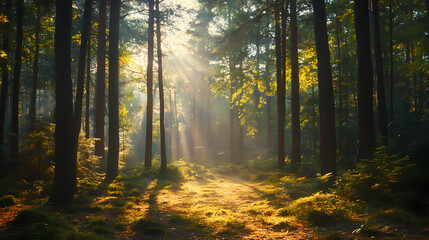 Fototapeta premium A peaceful morning in the forest. nature and serenity concept. Shadowsong. Illustration