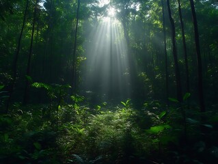 Obraz premium Sunbeams piercing through a misty, lush green forest.