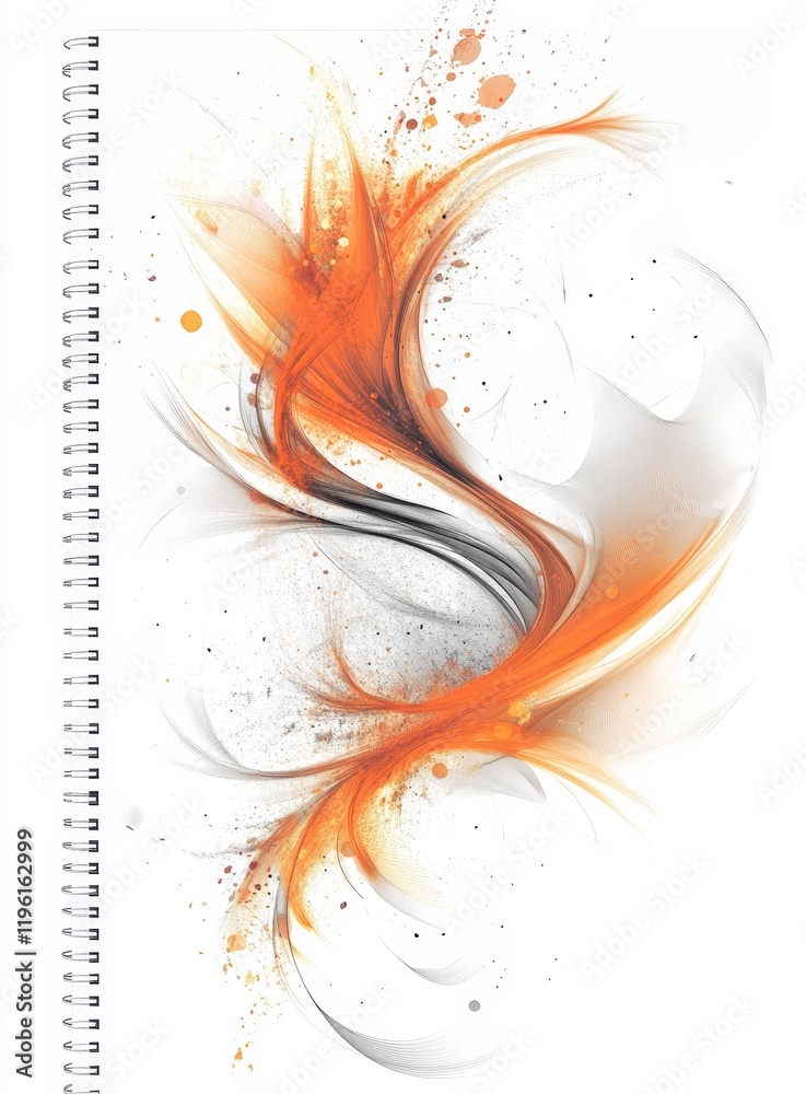 Poster spiral notebook with abstract orange and gray design.