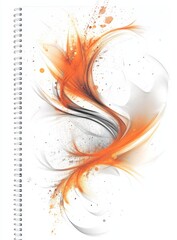 Spiral notebook with abstract orange and gray design.
