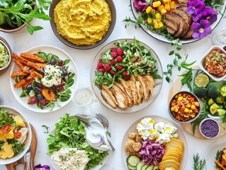 A colorful vegan brunch spread, on a stylish brunch table, showcasing a variety of plant-based dishes