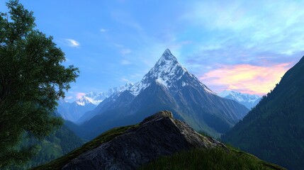 Majestic snow-capped mountain under a vibrant sky at sunset.