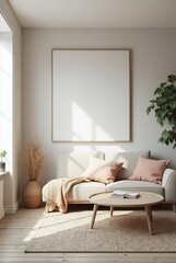 Modern Boho living room interior style. Empty wall mock up. Wall art. wall background. 3d rendering, 3d illustration