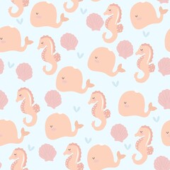 seamless pattern with whales and seahorse