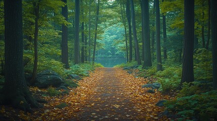Obraz premium A serene forest path lined with autumn leaves leading to a calm body of water, evoking tranquility and nature's beauty.
