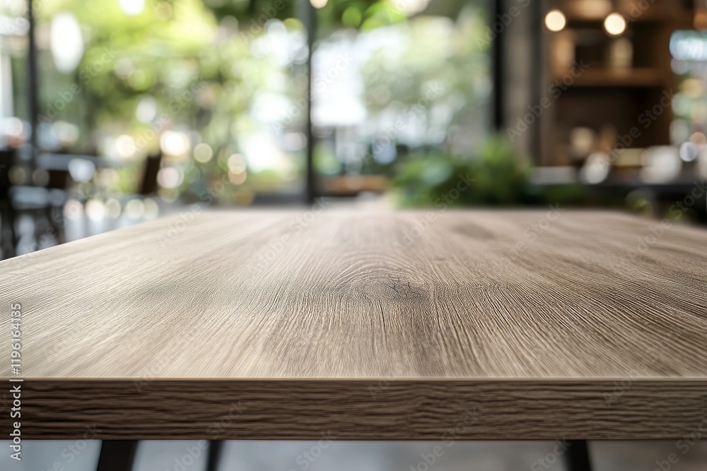 Poster empty wooden table in blurred cafe background.