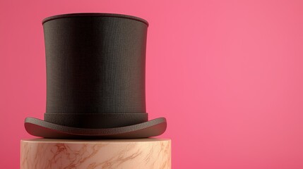 Elegant Black Top Hat Displayed on a Stylish Marble Base Against a Pink Background