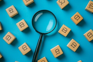 Magnifying glass over wooden blocks with profile icons, representing talent search or recruitment.