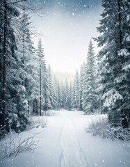 Nordic Winter Wedding Invitation Background with snowy landscapes, frosted pine trees, and cool gray and white tones, with copy space in the middle for text

